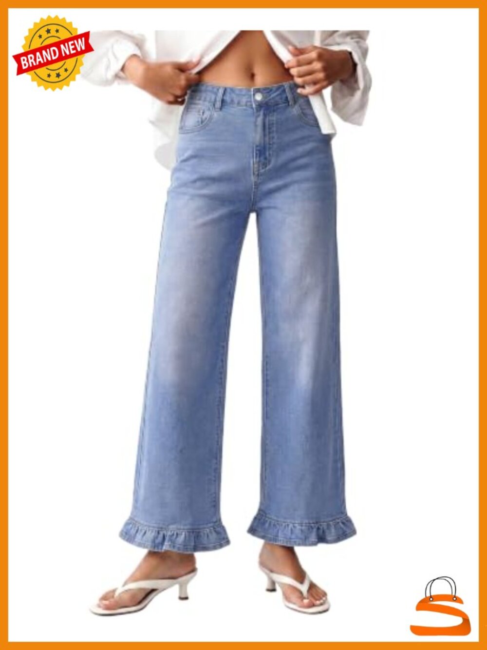 Wide Leg Jeans Ruffle Hem High Waisted Ankle Denim Pants Trendy Baggy Stretch